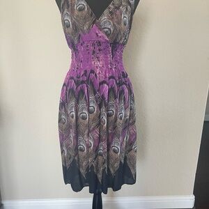 Chic Purple and Brown Feather Print Midi Dress